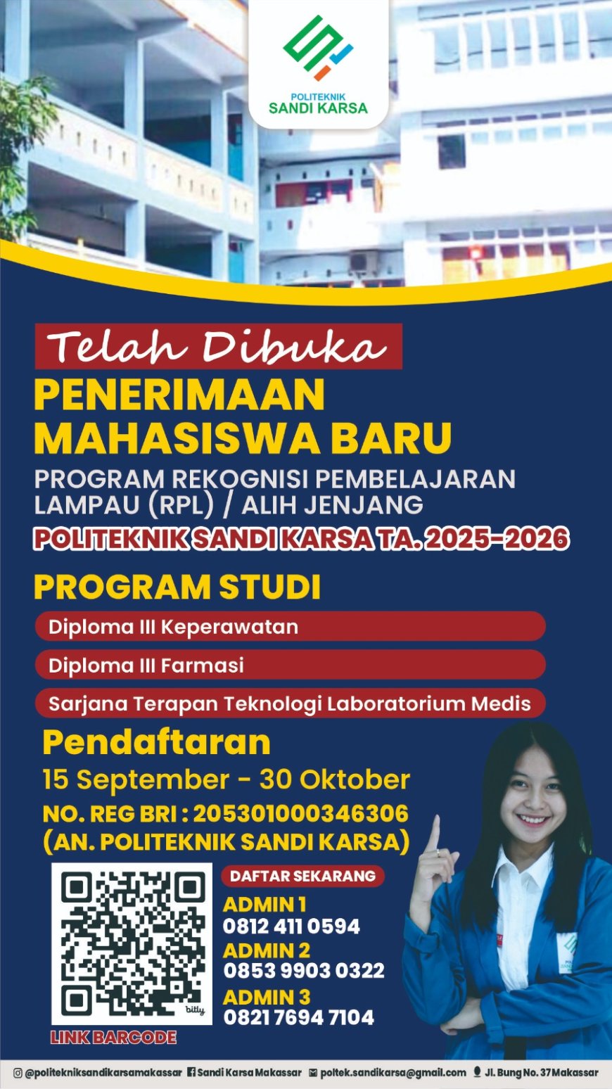 Penerimaan Mahasiswa Baru Program RPL/Alih Jenjang Politeknik Sandi Karsa Tahun Akademik 2025–2026