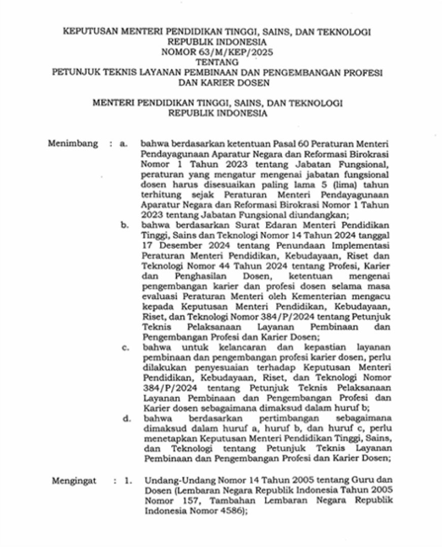 Pedoman Pelaksanaan Pembinaan dan Pengembangan Karier Dosen Berdasarkan Kepmendiktisaintek Nomor 63/M/KEP/2025
